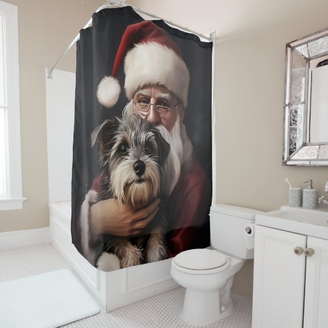 Biewer Terrier With Santa Claus Festive Christmas Shower Curtain (In Situ)