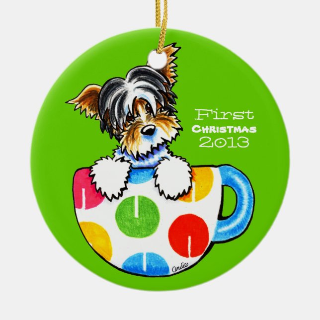 Biewer Yorkie First Christmas Custom Ceramic Tree Decoration (Front)