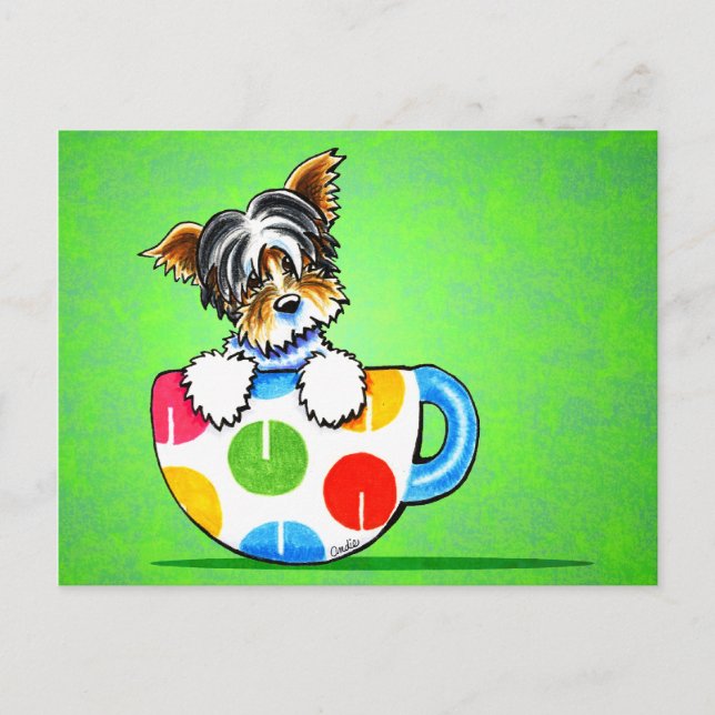 Biewer Yorkie Polka Dot Cup Green Postcard (Front)