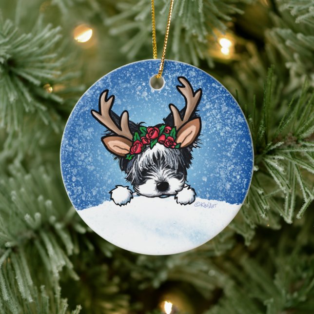 Biewer Yorkie Reindeer Christmas Ceramic Ornament (Tree)
