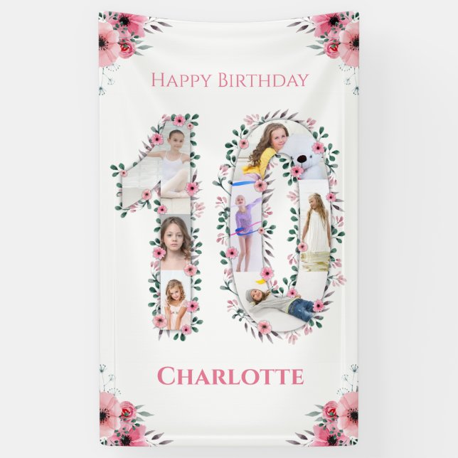 Big 10th Birthday Girl Photo Collage Pink Flower Banner (Vertical)