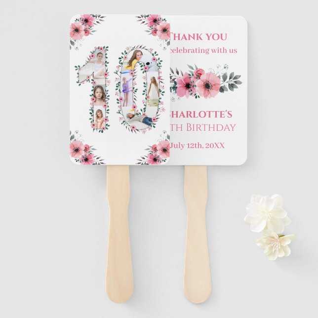 Big 10th Birthday Girl Photo Collage Pink Flower Hand Fan (Front and Back)