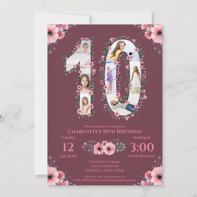 Big 10th Birthday Girl Photo Collage Pink Flower Invitation (Front)
