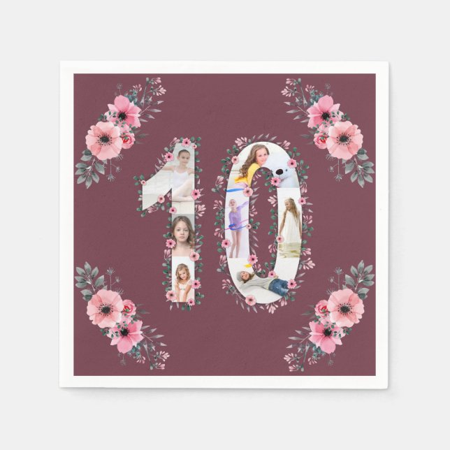 Big 10th Birthday Girl Photo Collage Pink Flower Napkin (Front)