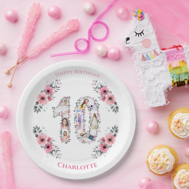 Big 10th Birthday Girl Photo Collage Pink Flower Paper Plate (Party)