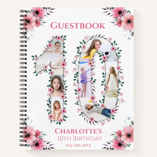 Big 10th Birthday Girl Photo Pink Flower Guestbook Notebook (Front)