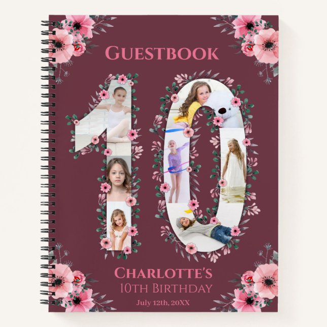 Big 10th Birthday Girl Photo Pink Flower Guestbook Notebook (Front)