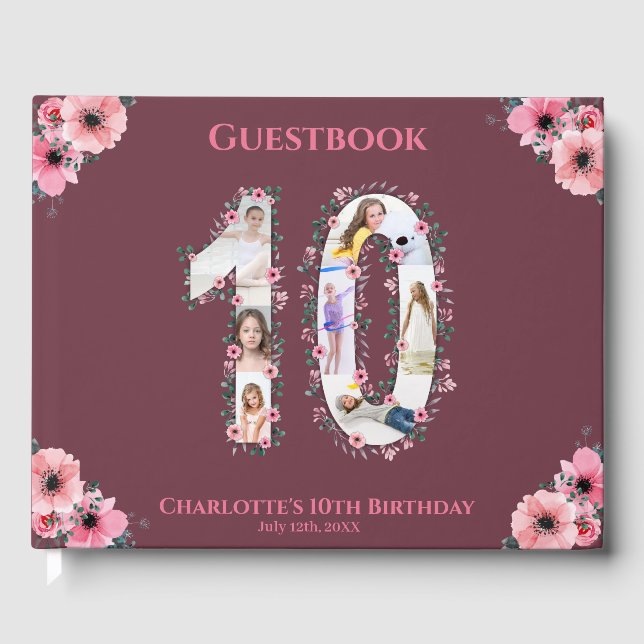 Big 10th Birthday Photo Collage Flower Girl Pink Guest Book (Front)