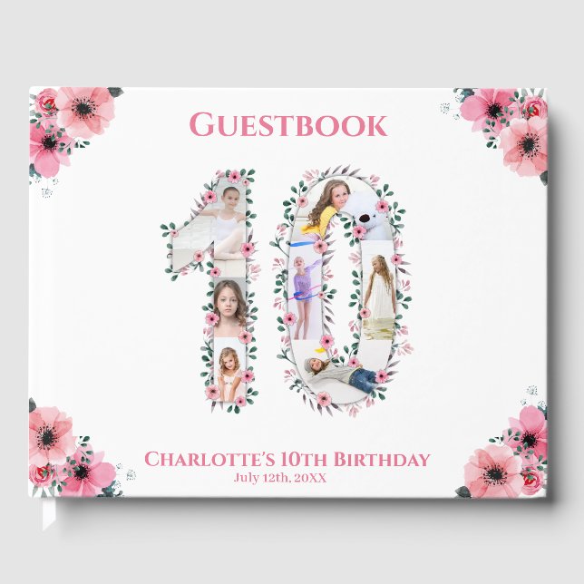 Big 10th Birthday Photo Collage Flower Girl White Guest Book (Front)