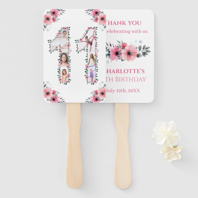 Big 11th Birthday Girl Photo Collage Pink Flower Hand Fan (Front and Back)