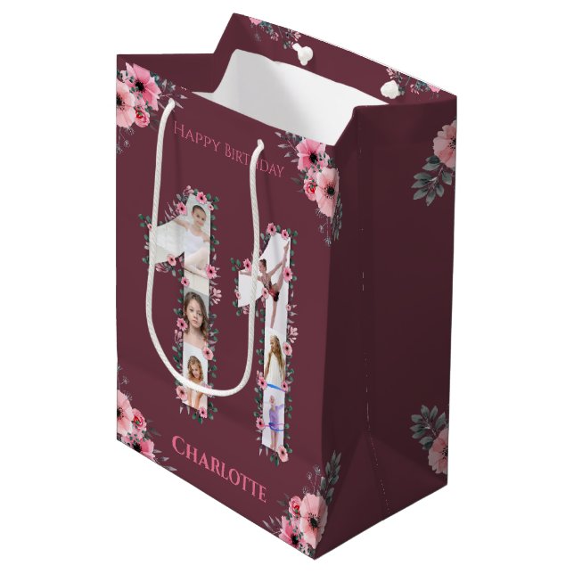 Big 11th Birthday Girl Photo Collage Pink Flower Medium Gift Bag (Front Angled)