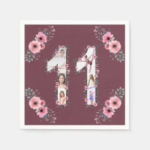Big 11th Birthday Girl Photo Collage Pink Flower Napkin