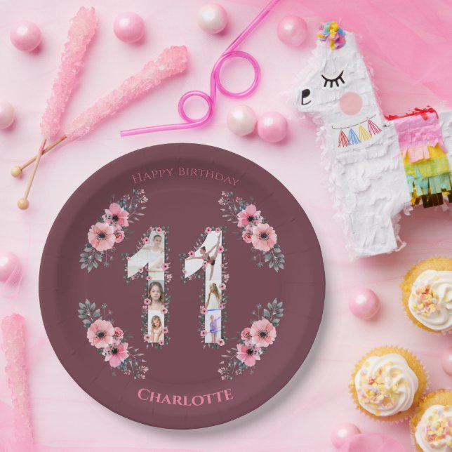 Big 11th Birthday Girl Photo Collage Pink Flower Paper Plate (Party)
