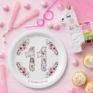 Big 11th Birthday Girl Photo Collage Pink Flower Paper Plate
