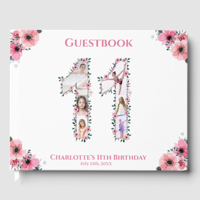 Big 11th Birthday Photo Collage Flower Girl White Guest Book (Front)