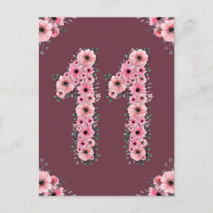 Big 11th Birthday Pink Flowers Girl Green Foliage Postcard