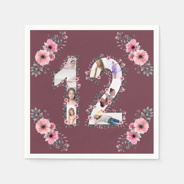 Big 12th Birthday Girl Flower Photo Collage Napkin (Front)