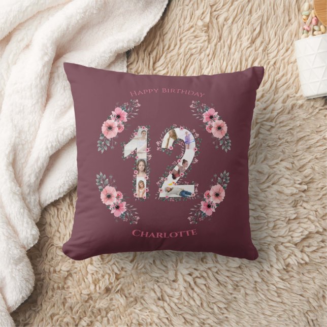 Big 12th Birthday Girl Pink Flower Photo Collage Cushion (Blanket)