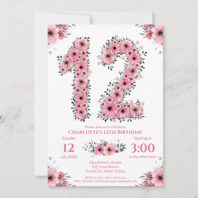 Big 12th Birthday Green Foliage Girl Pink Flowers Invitation (Front)