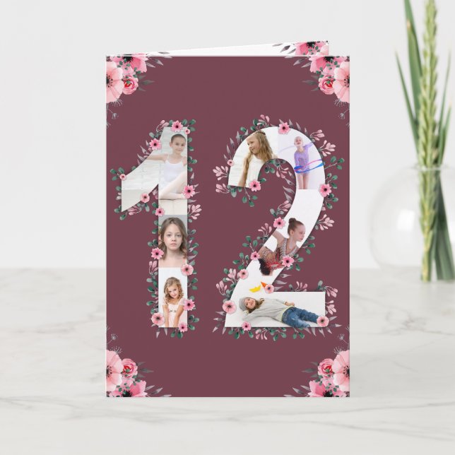 Big 12th Birthday Photo Collage Girl Pink Flower Card (Front)