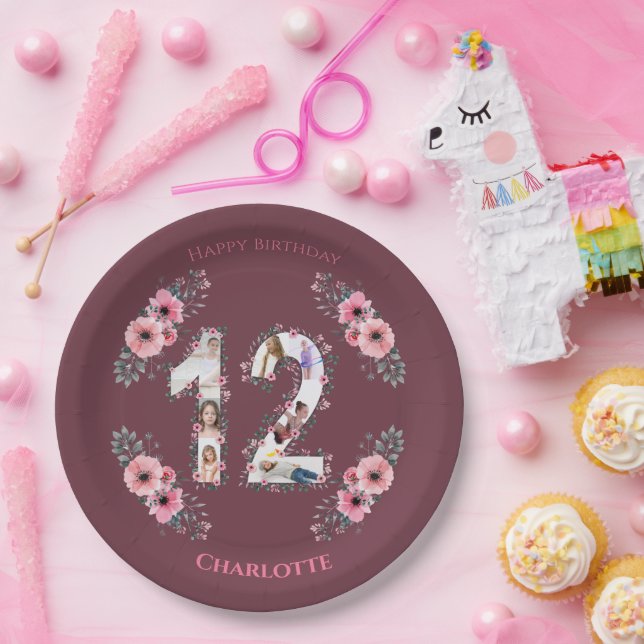 Big 12th Birthday Photo Collage Girl Pink Flower Paper Plate (Party)