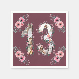 Big 13th Birthday Girl Flower Photo Collage Napkin