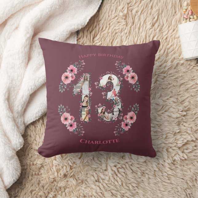 Big 13th Birthday Girl Pink Flower Photo Collage Cushion (Blanket)