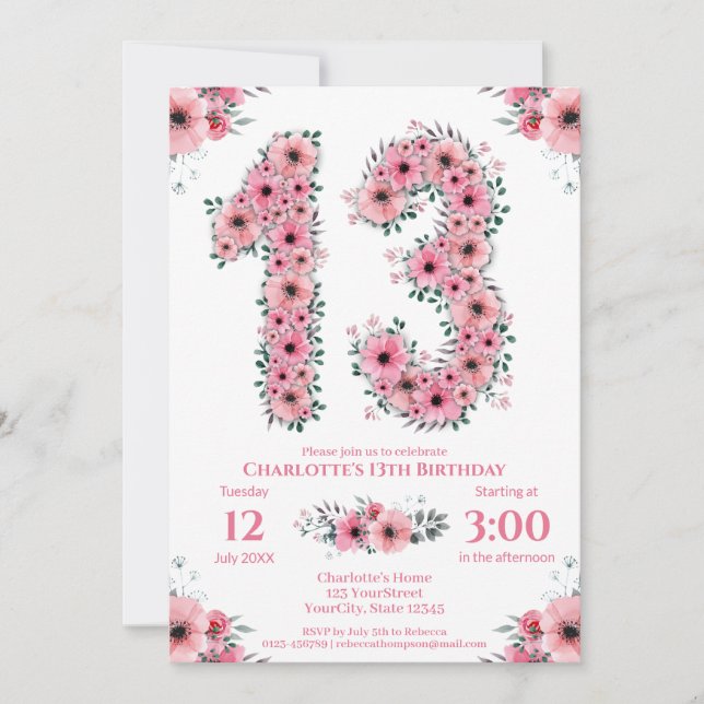 Big 13th Birthday Green Foliage Girl Pink Flowers Invitation (Front)