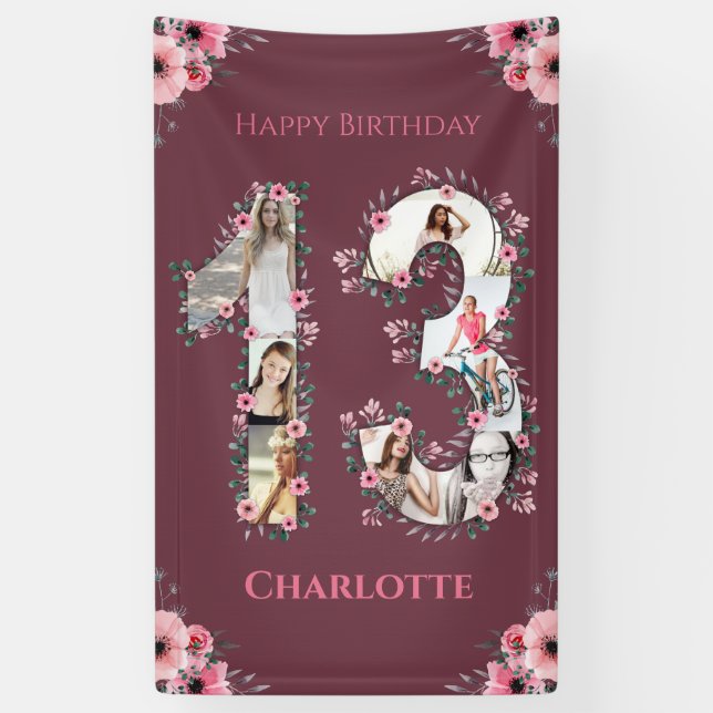 Big 13th Birthday Photo Collage Pink Flower Girl Banner (Vertical)