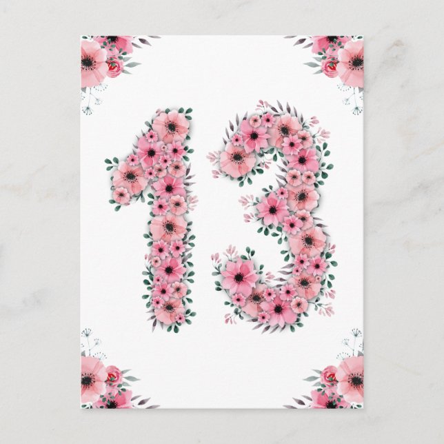 Big 13th Birthday Pink Flowers Girl Green Foliage Postcard (Front)