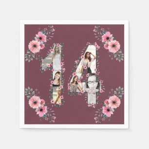 Big 14th Birthday Girl Flower Photo Collage Napkin