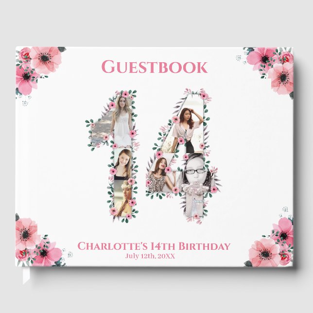 Big 14th Birthday Photo Collage Flower Girl White Guest Book (Front)