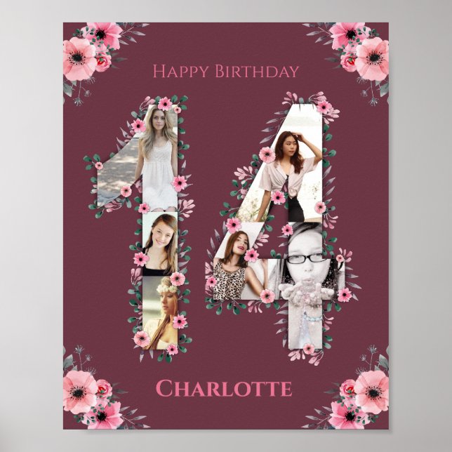 Big 14th Birthday Pink Flower Girl Photo Collage Poster (Front)