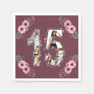 Big 15th Birthday Girl Flower Photo Collage Napkin