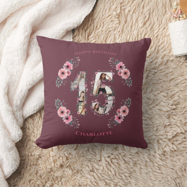 Big 15th Birthday Girl Pink Flower Photo Collage Cushion (Blanket)