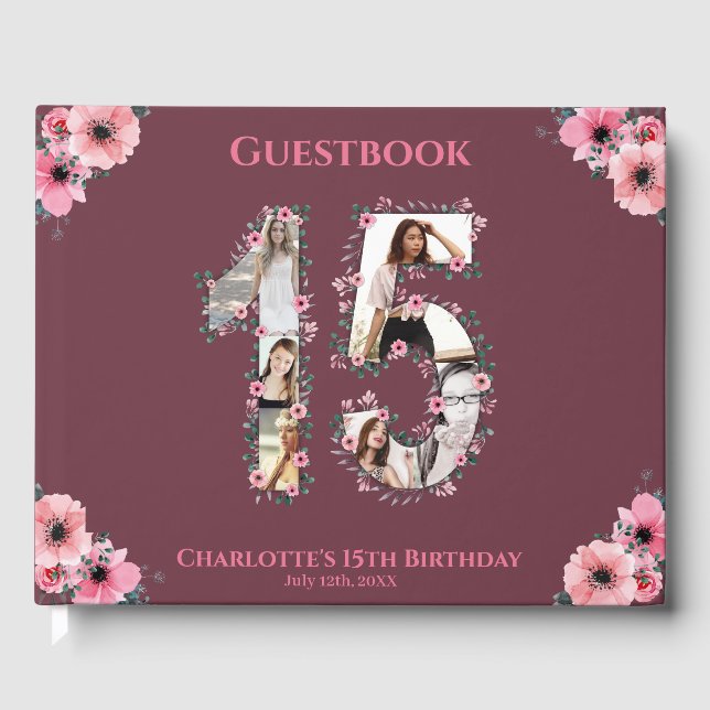 Big 15th Birthday Photo Collage Flower Girl Pink Guest Book (Front)