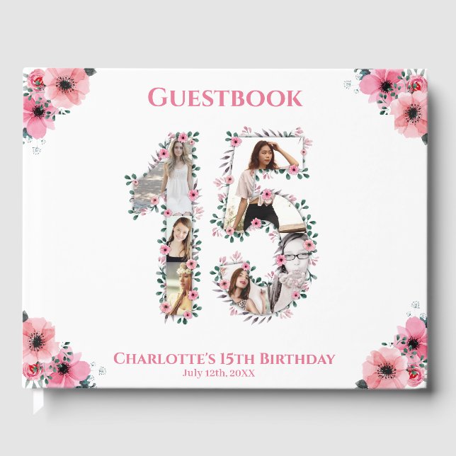 Big 15th Birthday Photo Collage Flower Girl White Guest Book (Front)