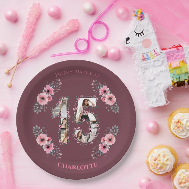 Big 15th Birthday Photo Collage Girl Pink Flower Paper Plate (Party)