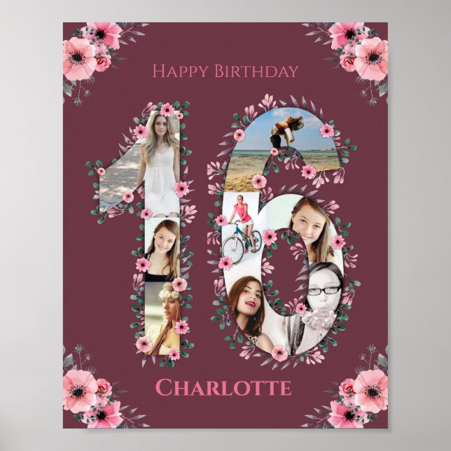 Big 16th Birthday Pink Flower Girl Photo Collage Poster (Front)
