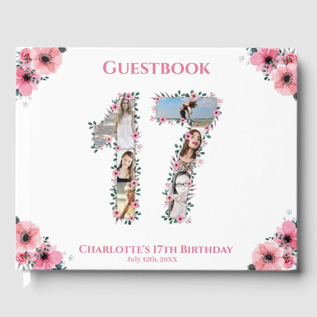 Big 17th Birthday Photo Collage Flower Girl White Guest Book (Front)