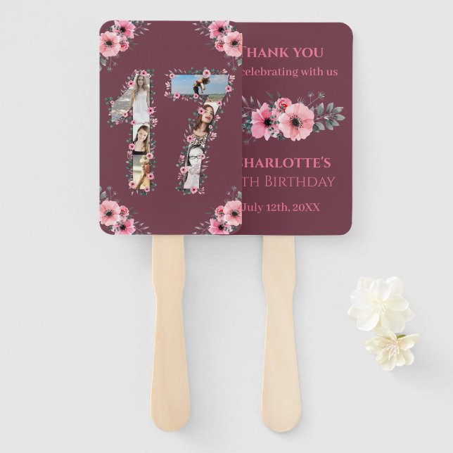 Big 17th Birthday Photo Collage Pink Girl Flower Hand Fan (Front and Back)