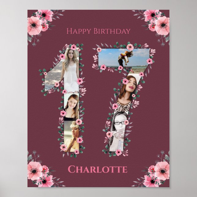 Big 17th Birthday Pink Flower Girl Photo Collage Poster (Front)