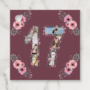 Big 17th Girl Birthday Photo Collage Pink Flower Favour Tags