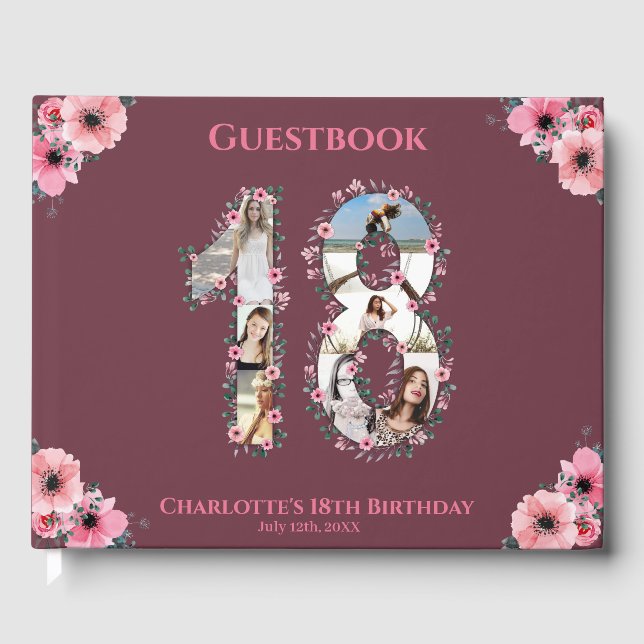 Big 18th Birthday Photo Collage Flower Girl Pink Guest Book (Front)