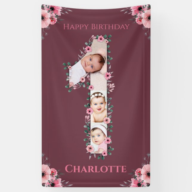 Big 1st Birthday Girl Photo Collage Pink Flower Banner (Vertical)