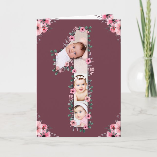 Big 1st Birthday Girl Photo Collage Pink Flower Card (Front)