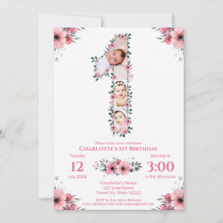 Big 1st Birthday Girl Photo Collage Pink Flower Invitation