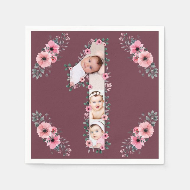 Big 1st Birthday Girl Photo Collage Pink Flower Napkin (Front)