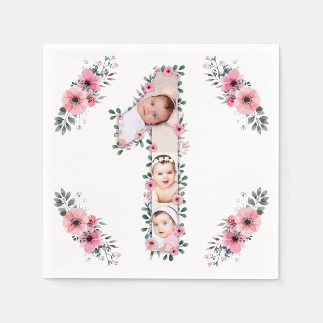 Big 1st Birthday Girl Photo Collage Pink Flower Napkin (Front)