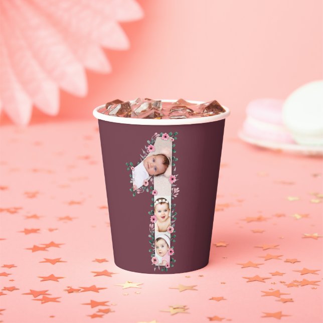 Big 1st Birthday Girl Photo Collage Pink Flower Paper Cups (Insitu)